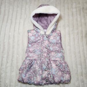 Little Lass Purple Pink Sparkle Hooded Puffer Vest Girls Fur Trim Zip Size 4